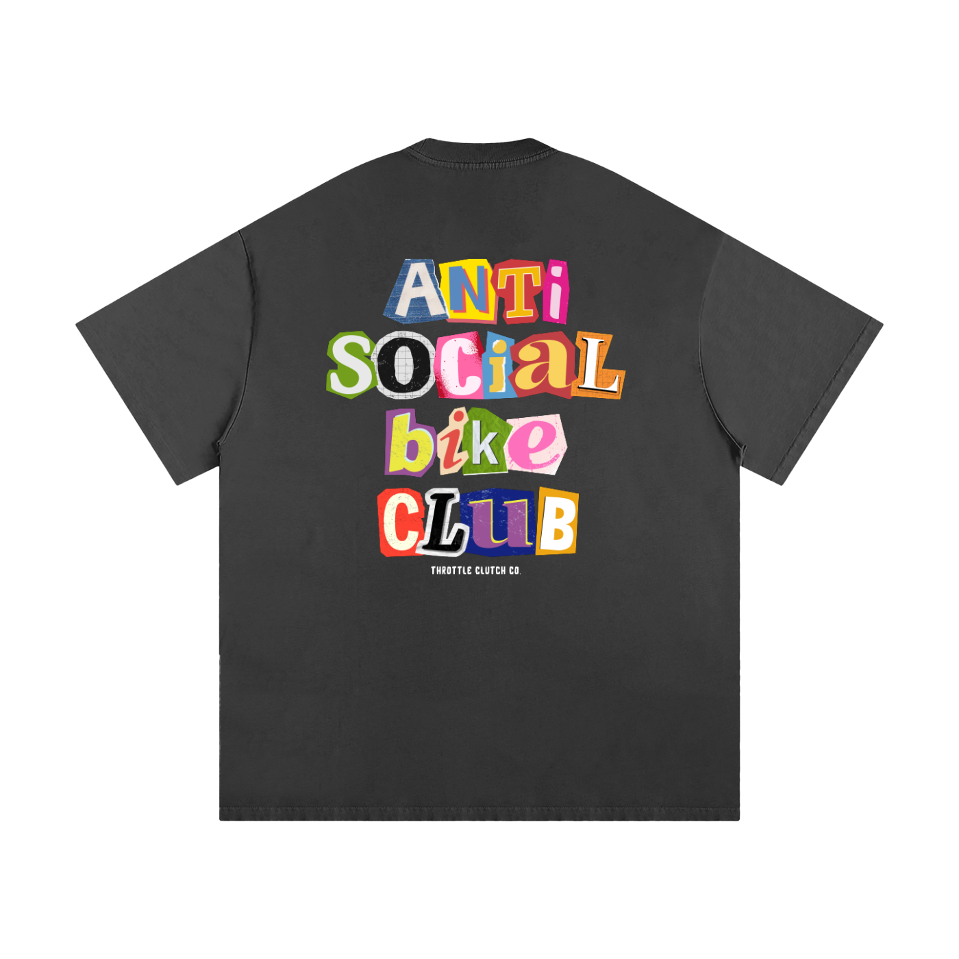 Dark gray t-shirt with colorful 'Anti Social Bike Club' text on a white background