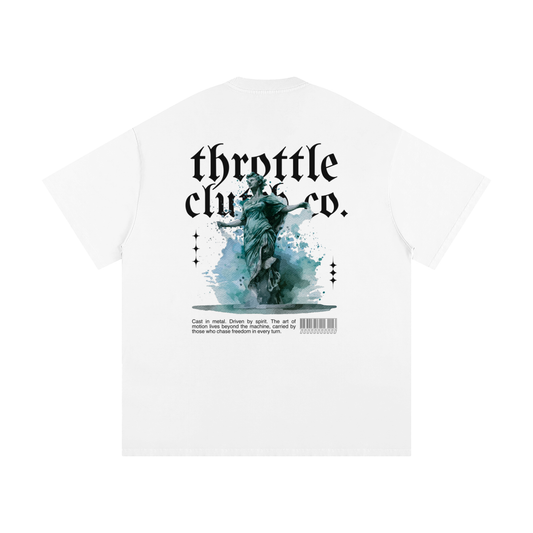 White t-shirt with graphic design and text on a white background