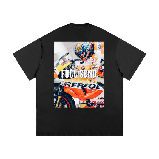 Black t-shirt with a graphic of a motorcycle racer and 'Full Send Repsol' text on the back.