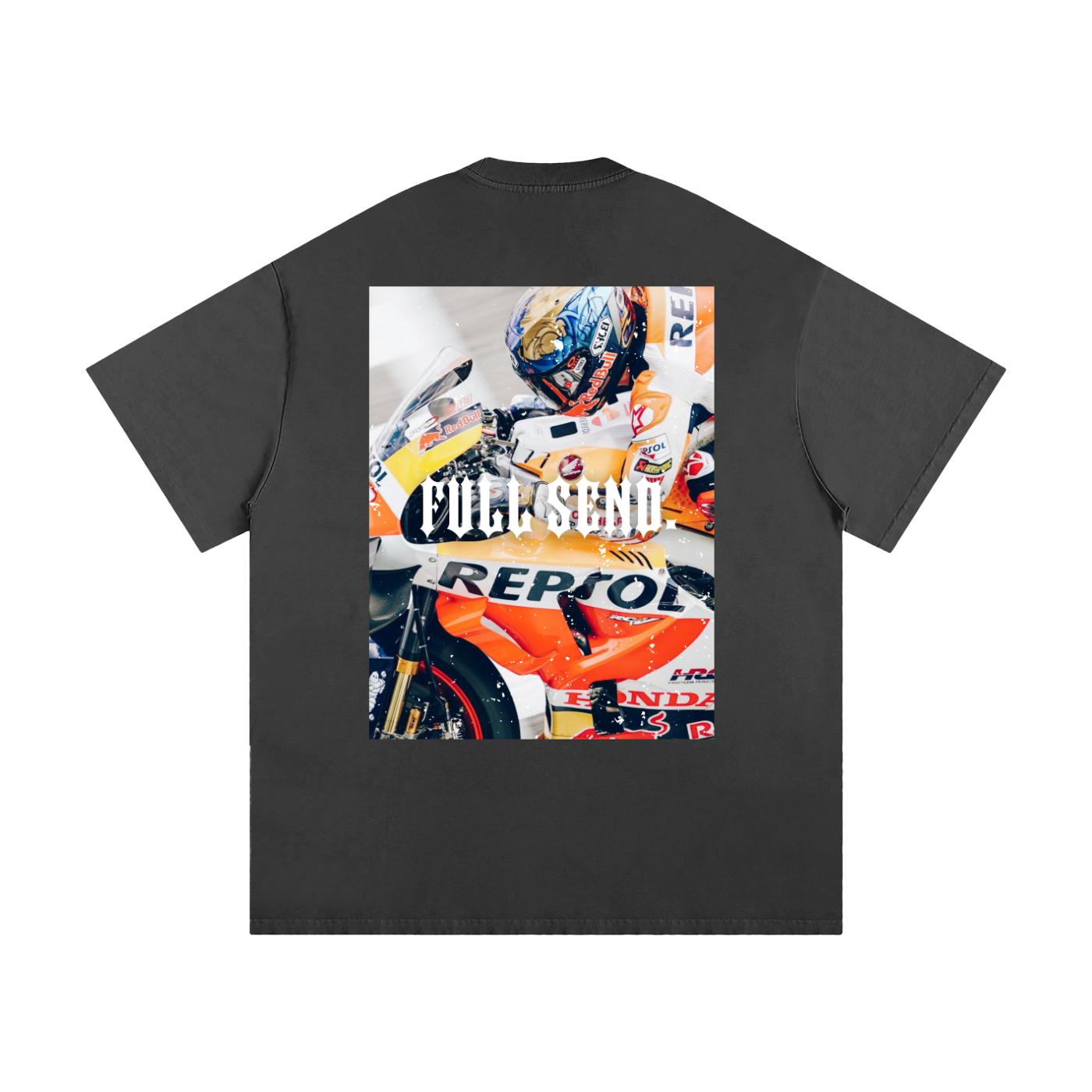 Dark gray t-shirt with a graphic of a motorcycle racer and 'Full Send' text on the back.