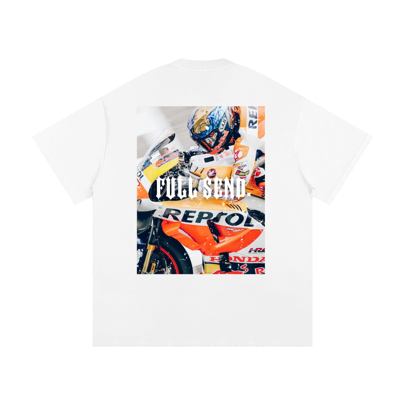 White t-shirt with a graphic of a motorcycle racer and 'Full Send' text on a white background