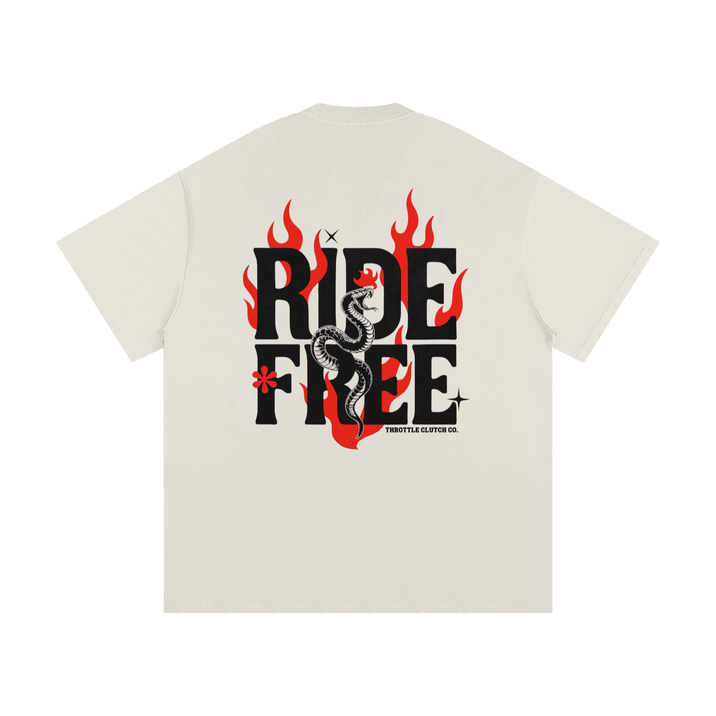 Beige t-shirt with 'Ride Free' graphic design on a white background