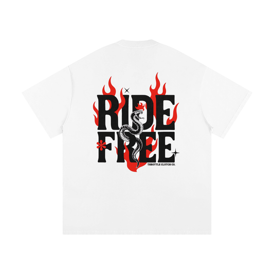White t-shirt with 'Ride Free' graphic design featuring flames and a snake on a white background