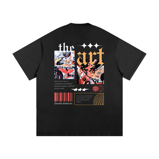 Black t-shirt with colorful graphic design on a white background