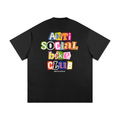 Black t-shirt with colorful 'Anti Social Bike Club' text on a white background
