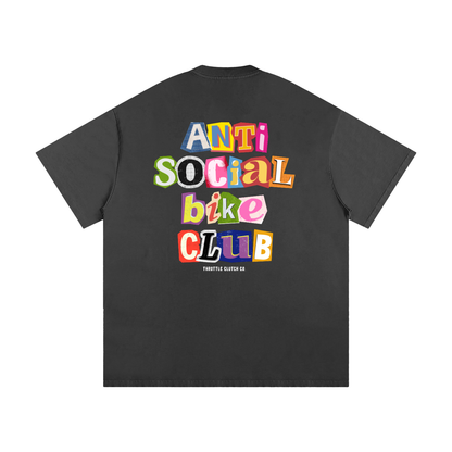 Dark gray t-shirt with colorful 'Anti Social Bike Club' text on a white background